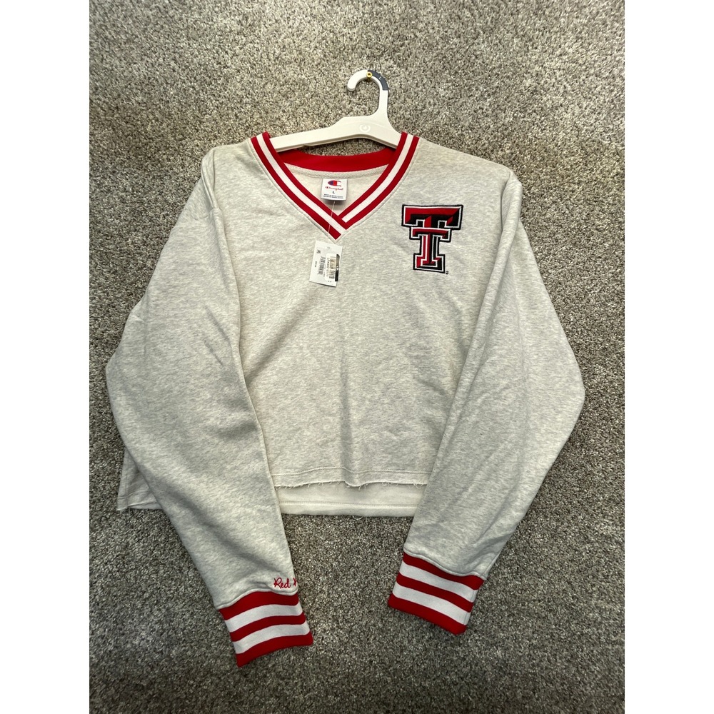 Champion Texas Tech Sweatshirt Women L Grey NEW Cropped V-Neck Red Raiders